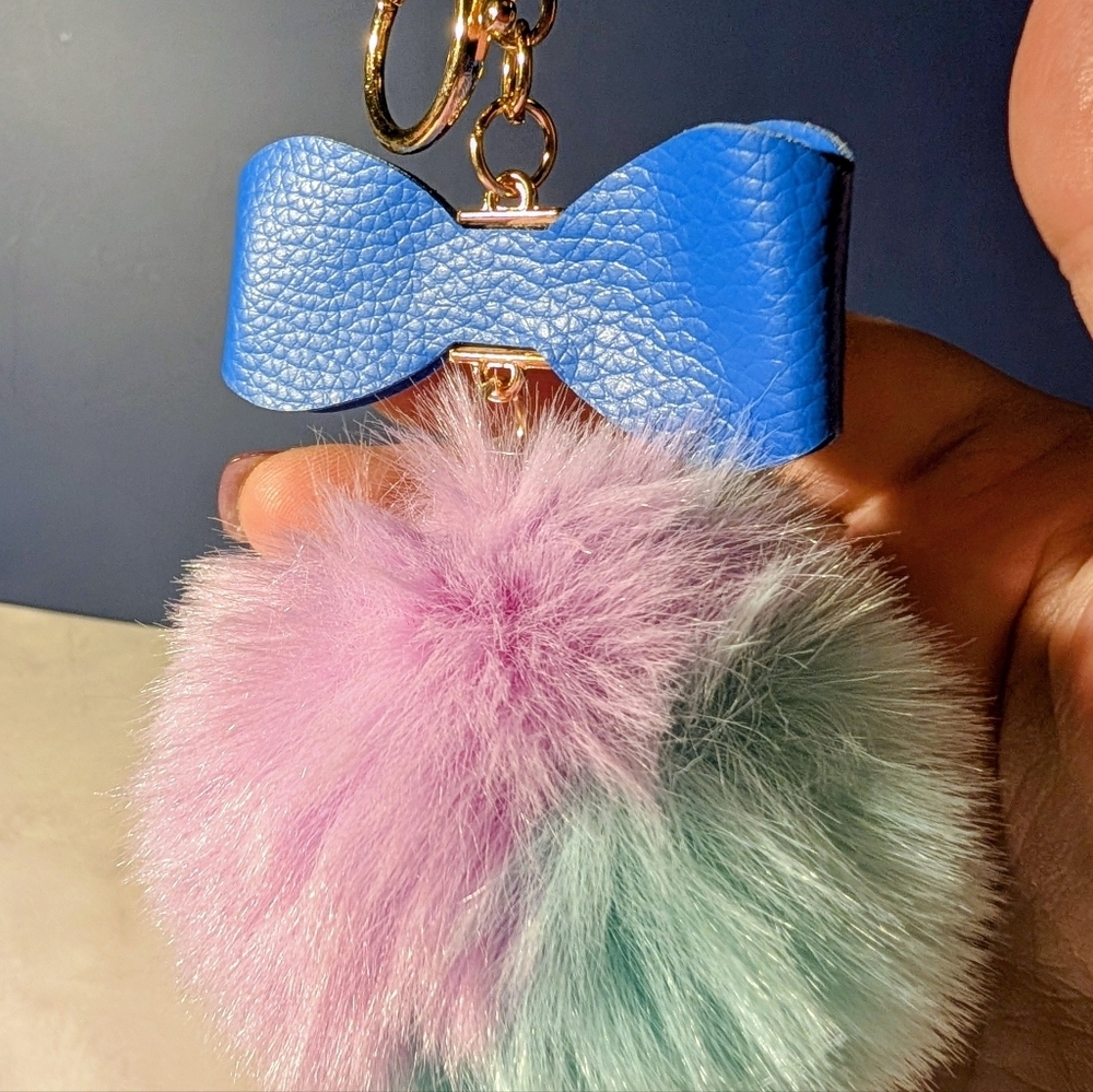 Blue Bow Bag Charm/ Keychain with Fluffy Colored Pom Pom - Picture 5 of 5